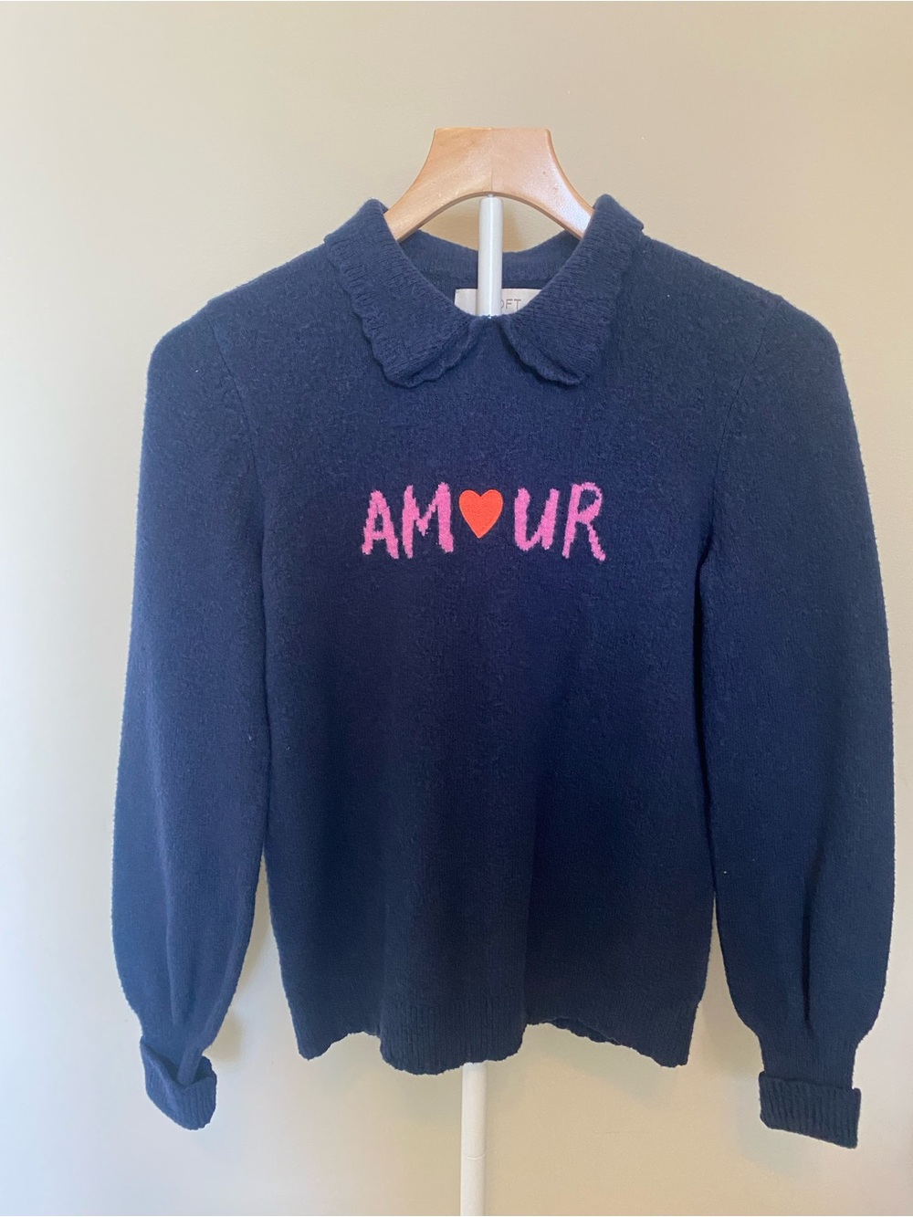 Loft Navy AMOUR Heart Collar Sweater